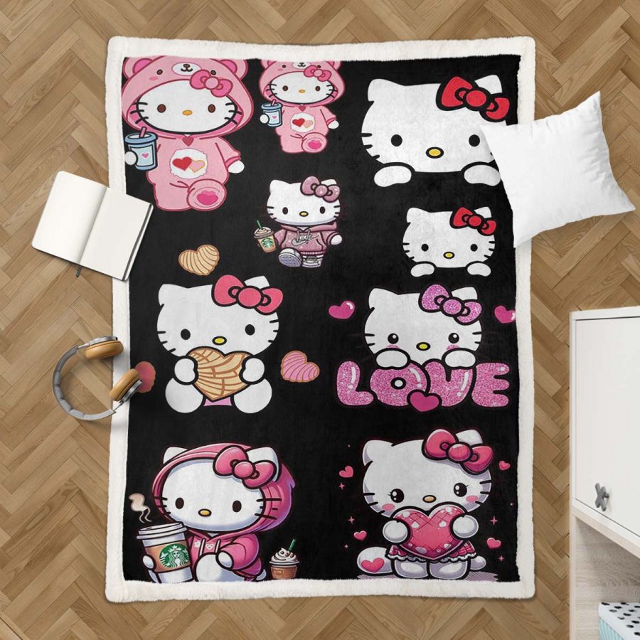 Hello Kitty, schwarzer Hintergrund und rosa Kätzchen Decke - Fleecedecke – Bild 3