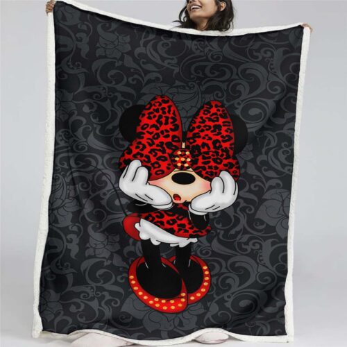 Minnie Maus mit schwarzem Hintergrund und roter Schleife Decke - Fleecedecke