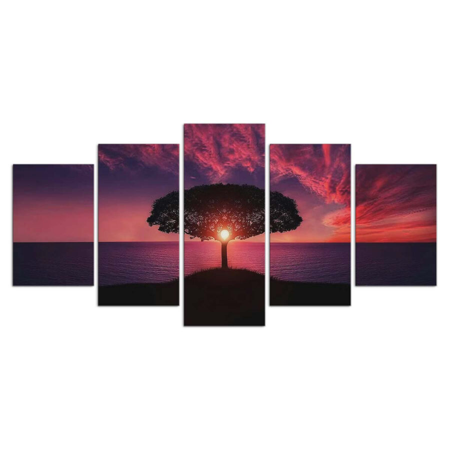 Sonnenuntergang durch Baum rosa lila Farbe Leinwandbilder